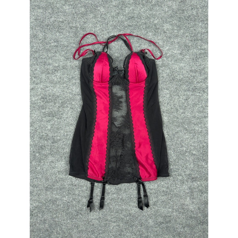 Ann Summers Black Pink Satin Mesh Lace Babydoll Chemise‎ Garters UK 10 EU 36